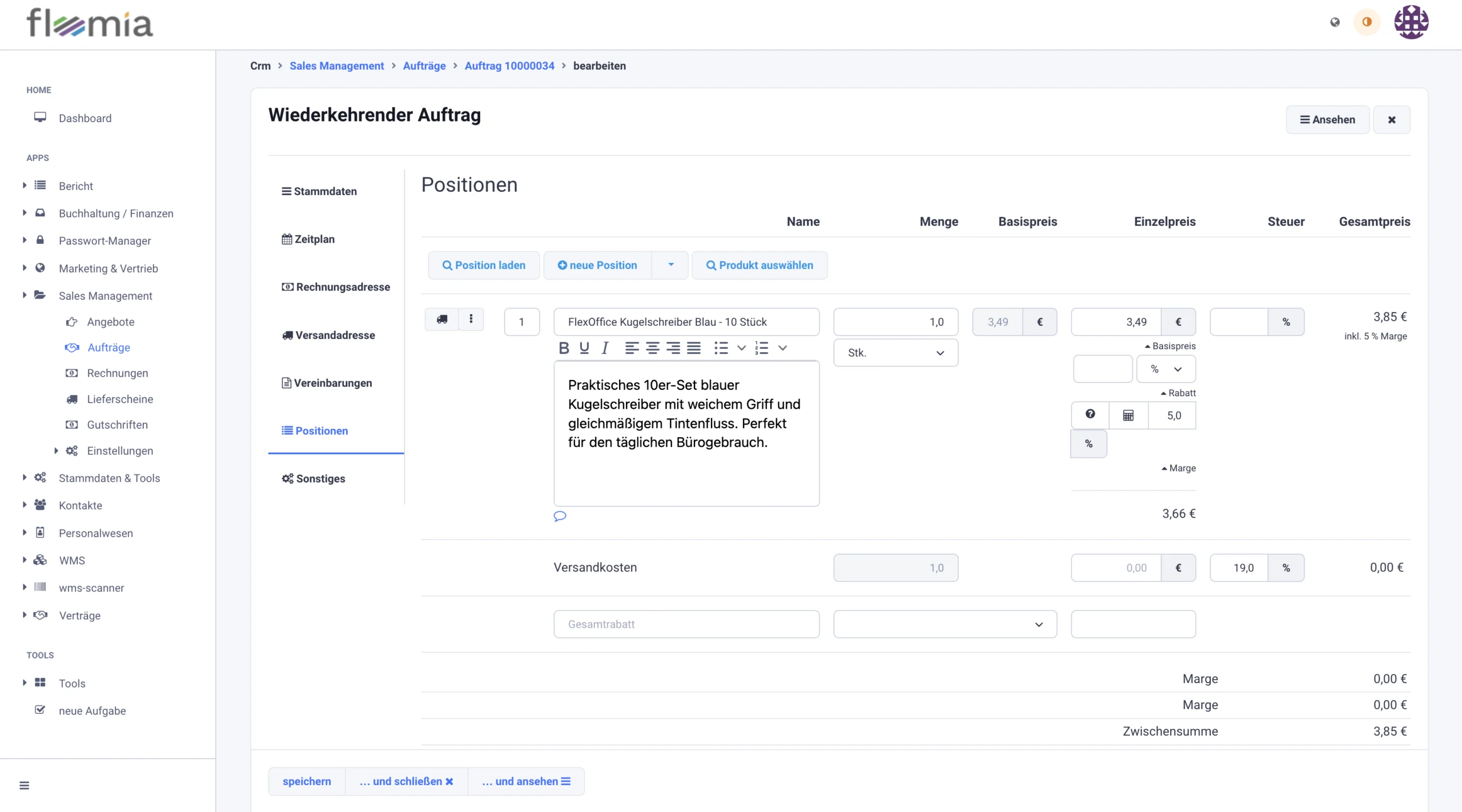 Floomia Angebotskalkulation: Positionen eines Angebots