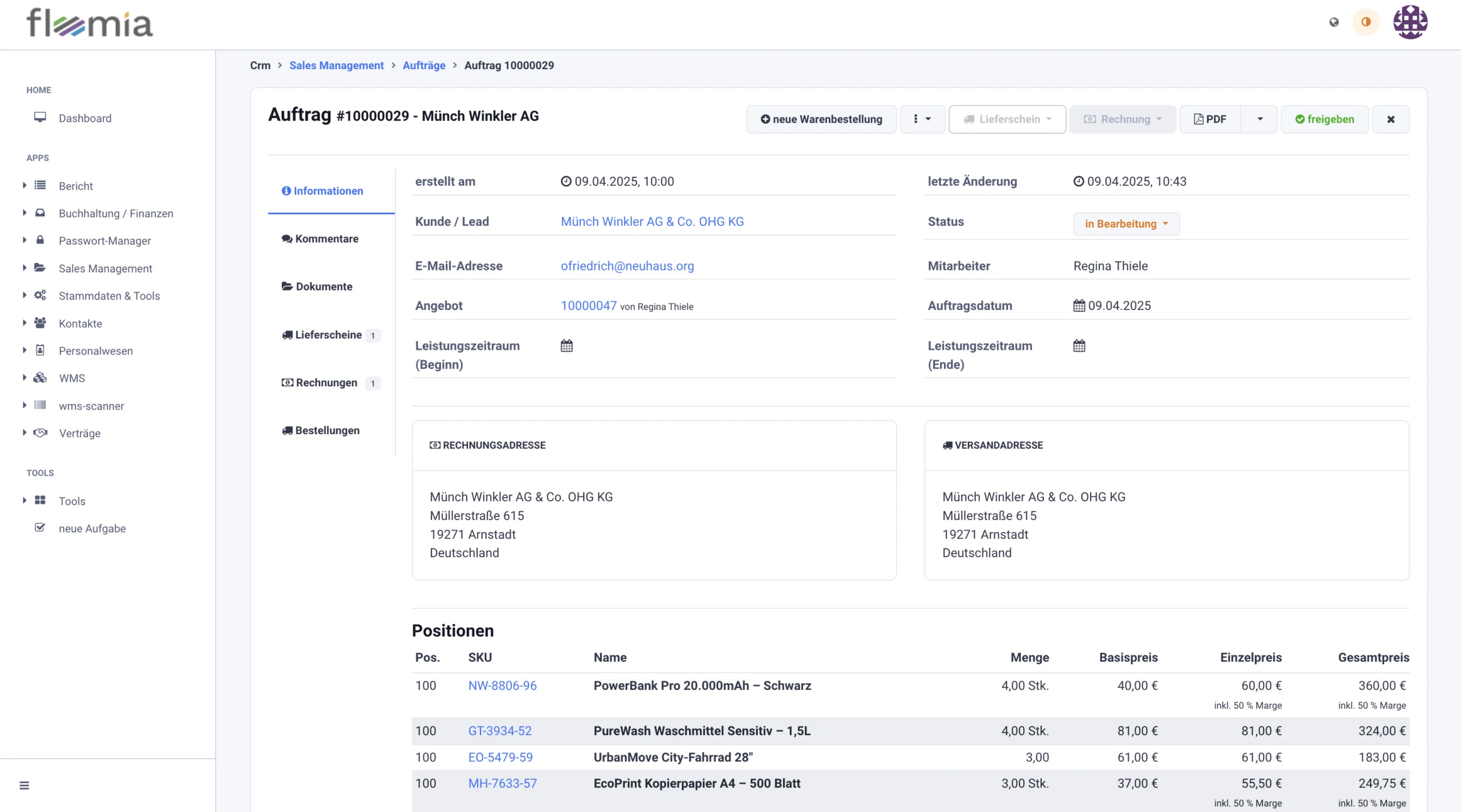 Floomia CRM: Auftrag mit Positionen und Kundenhistorie